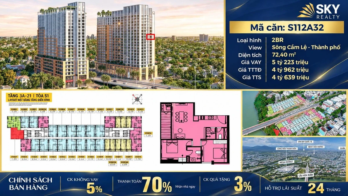 Bán căn hộ 2PN 72,4m² view sông Cẩm Lệ tại Sun Spana Tower - Ảnh 1