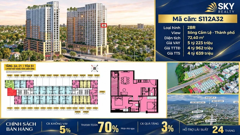 Bán căn hộ 2PN 72,4m² view sông Cẩm Lệ tại Sun Spana Tower
