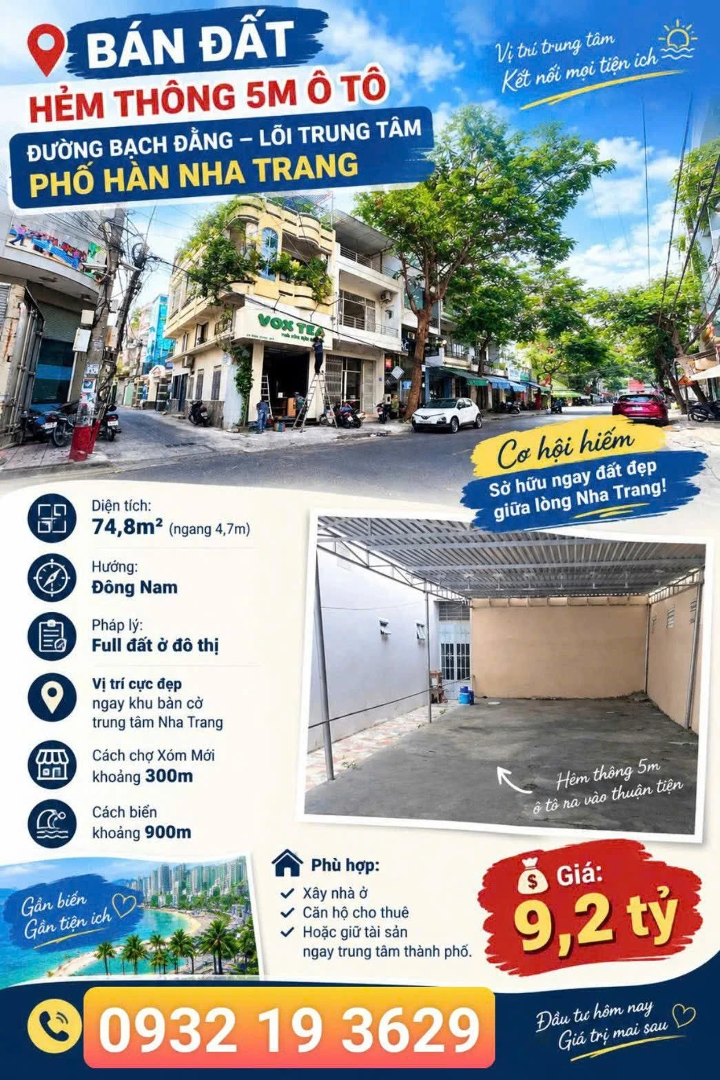 Bán đất hẻm ô tô 5m Bạch Đằng Nha Trang 74,8m² - Ảnh 1