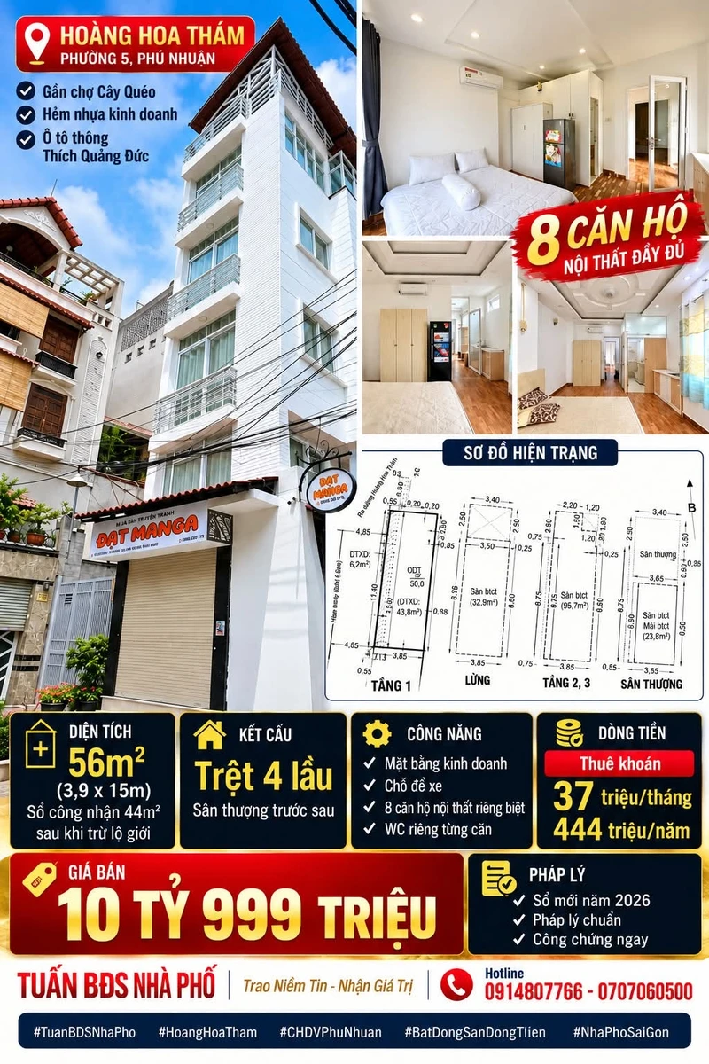 Cho thuê nhà phố Hoàng Hoa Thám 56m² 37 triệu/tháng Phú Nhuận - Ảnh 1