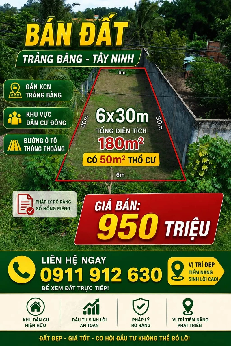 Bán đất 180m2 gần KCN Trảng Bàng, Tây Ninh - Ảnh 1