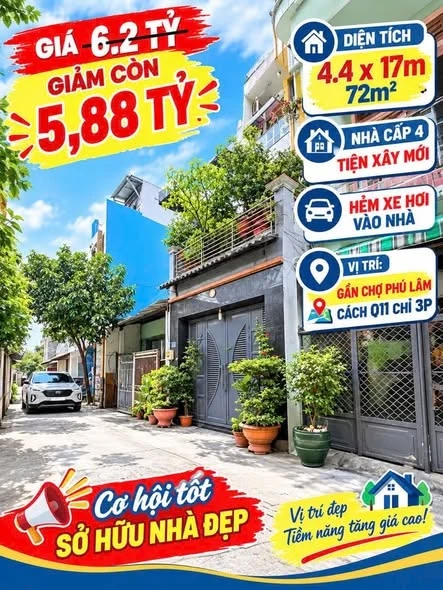 Bán nhà hẻm xe hơi 72m2 Chợ Phú Lâm 5.88 tỷ - Ảnh 1
