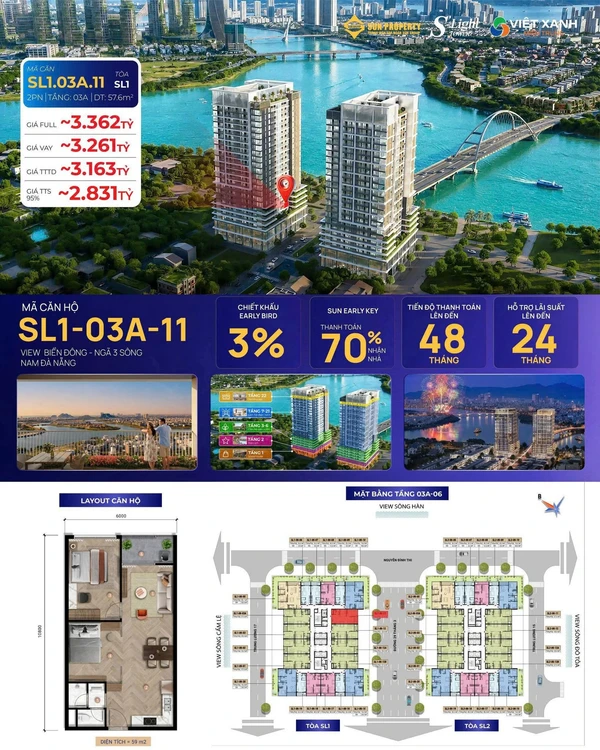 Bán căn hộ S.Light SL1-03A-11, 2PN, 57,6m², view biển Đông, Nam Đà Nẵng