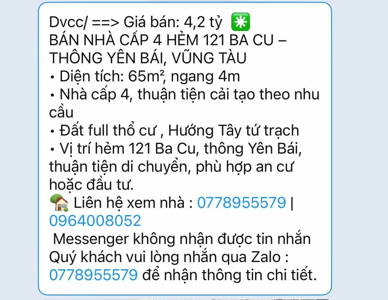 Bán nhà cấp 4 65m² Ba Cu, Vũng Tàu, 4,2 tỷ