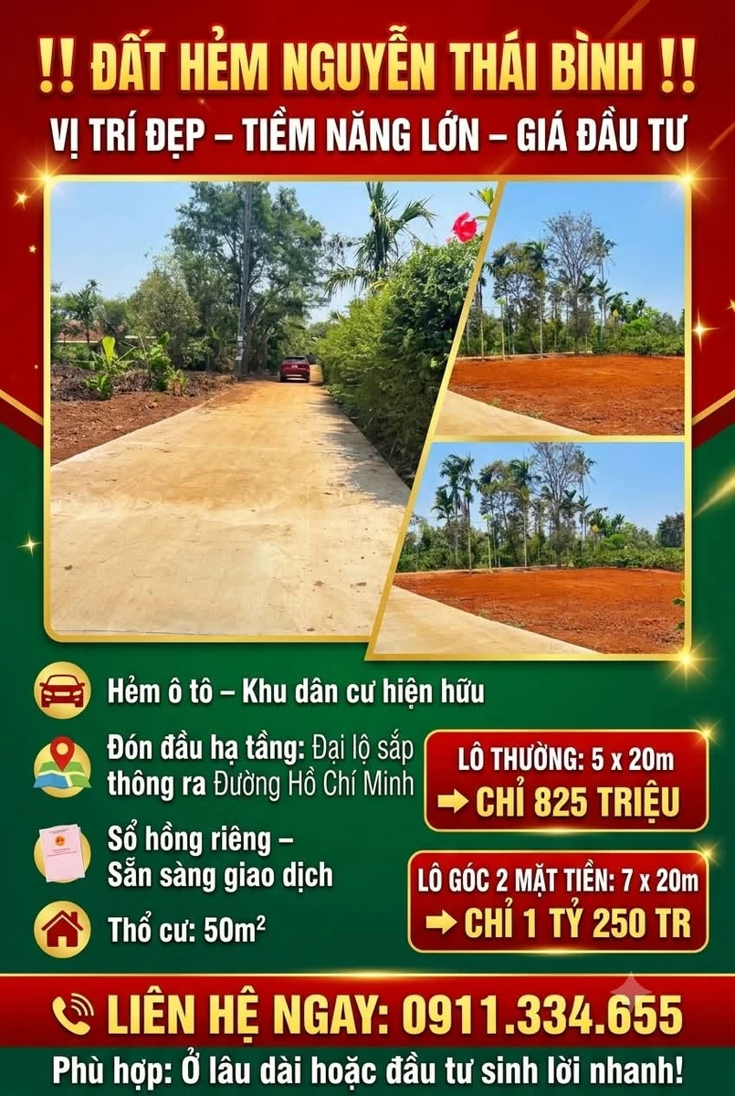 Bán đất hẻm Nguyễn Thái Bình, 50m² và 75m², 825 triệu - 1.25 tỷ - Ảnh 1