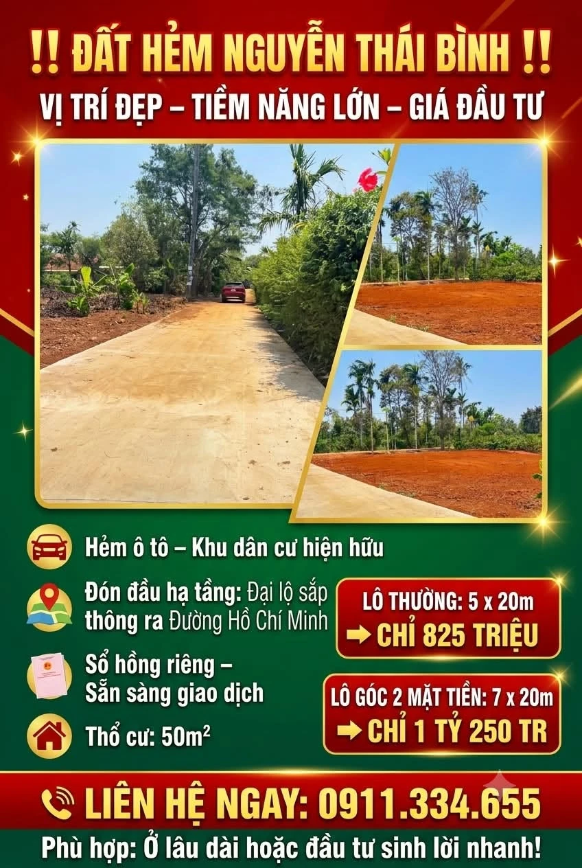 Bán đất hẻm Nguyễn Thái Bình, 50m² và 75m², 825 triệu - 1.25 tỷ - Ảnh 1