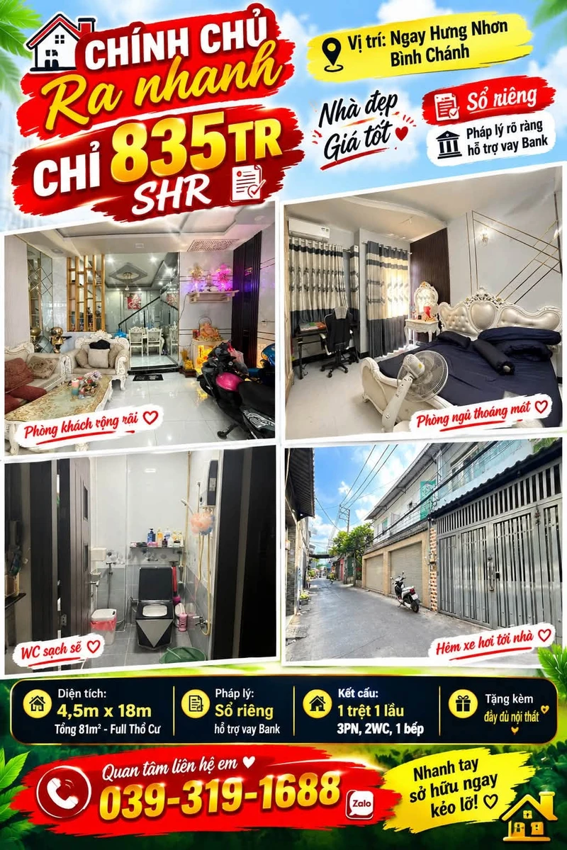 Bán nhà Hưng Nhơn, Bình Chánh 81m² 3PN 835 triệu - Ảnh 1