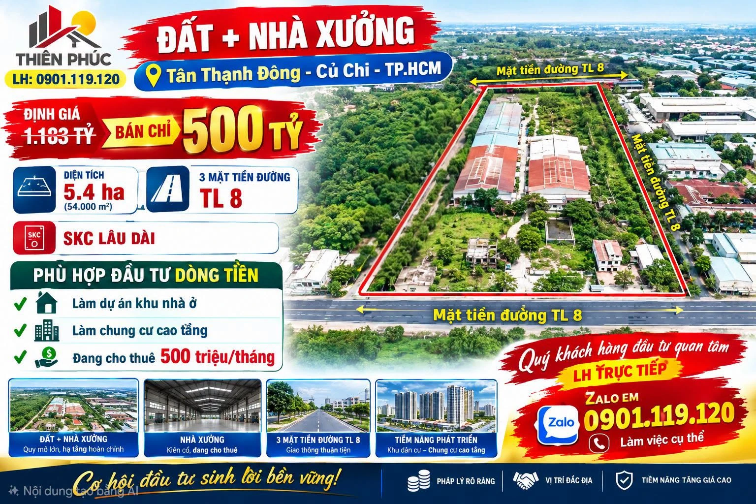 Bán nhà xưởng và đất SKC 5,4ha 3 mặt tiền Tỉnh Lộ 8, Tân Thạnh Đông, Củ Chi giá 500 tỷ - Ảnh 1