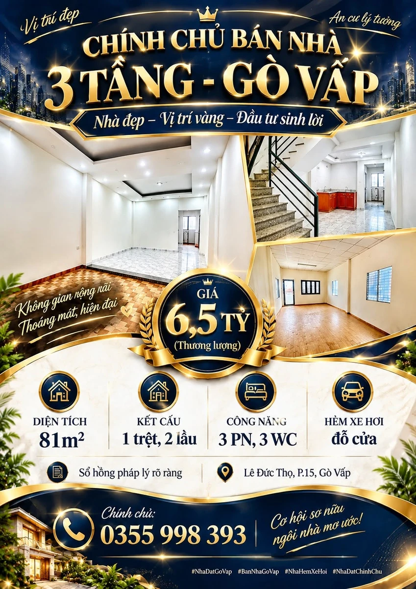 Bán nhà 3 tầng 81m² Gò Vấp, hẻm xe hơi - Ảnh 1