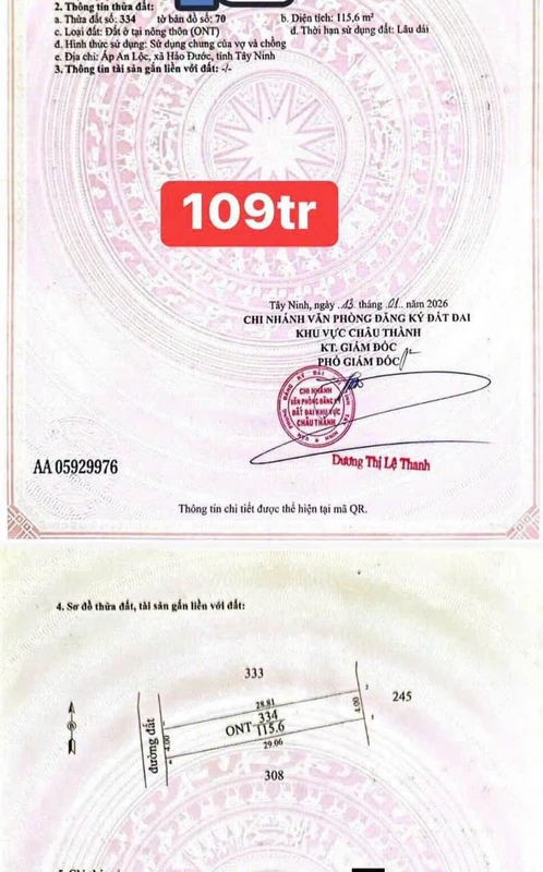Bán đất Xã Lỗ Châu Thành 116m² giá 109 triệu