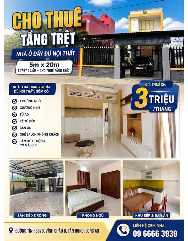 Cho thuê nhà tầng trệt 100m2 nội thất 3 triệu/tháng