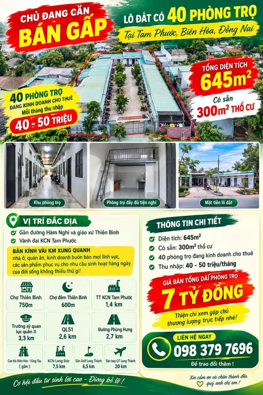 Bán dãy 40 phòng trọ khai thác 645m² Tam Phước Biên Hòa 7 tỷ