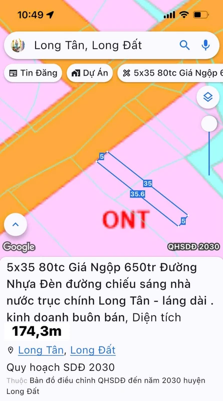 Bán đất Đất Đỏ 175m² mặt tiền Long Tân 650 triệu