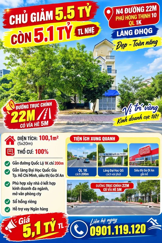 Bán đất nền 100m2 (5x20) đường 22m KDC Phú Hồng Thịnh 10, P. Đông Hòa (Dĩ An cũ), giá 5,1 tỷ