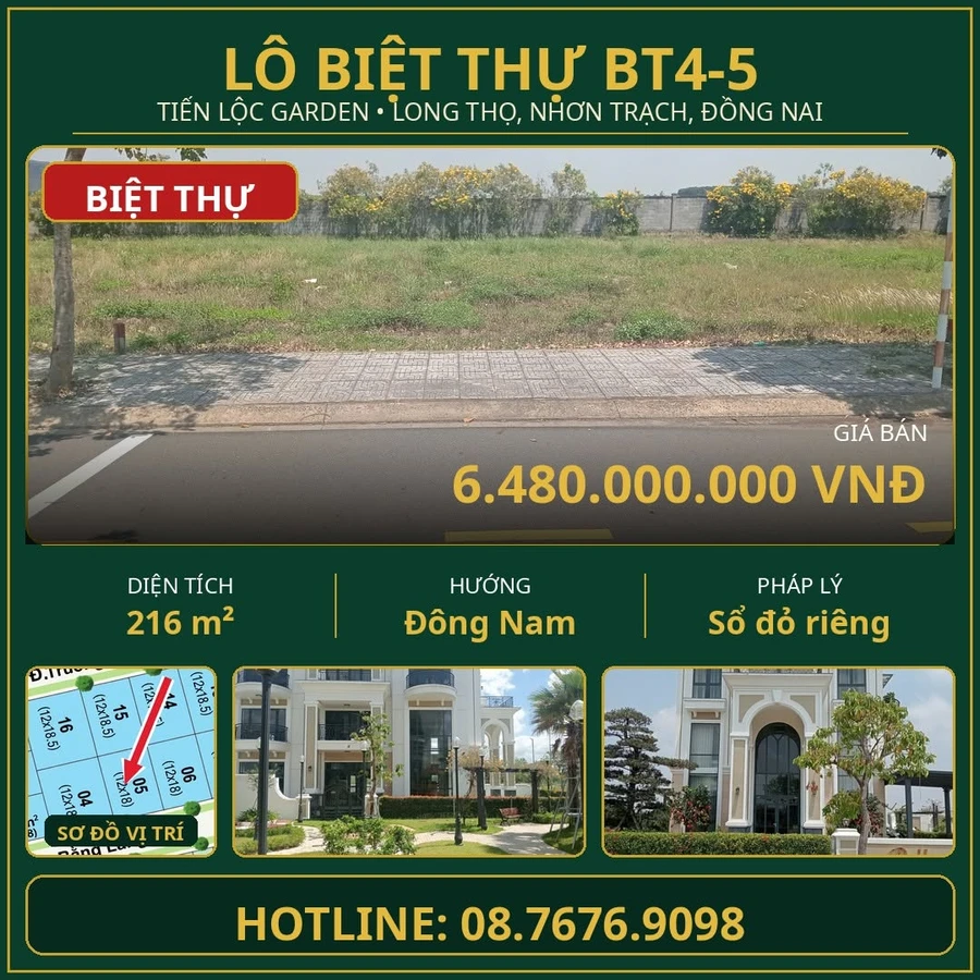 Bán đất nền biệt thự 216m² Tiến Lộc Garden Nhơn Trạch - Ảnh 1