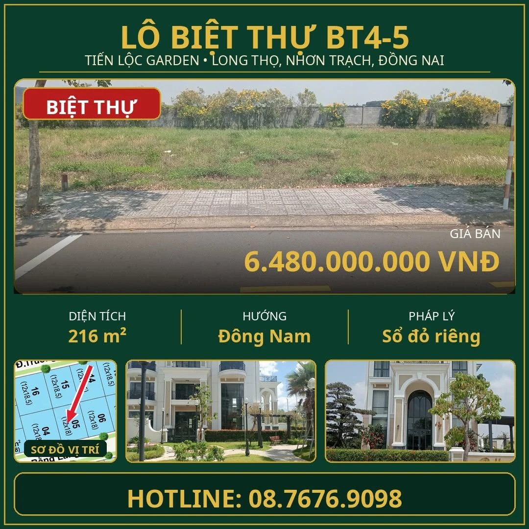 Bán đất nền biệt thự 216m² Tiến Lộc Garden Nhơn Trạch - Ảnh 1