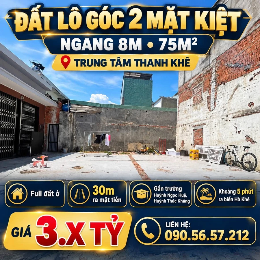 Bán đất lô góc 2 mặt kiệt 75m² ngang 8m Thanh Khê Đà Nẵng 3.5 tỷ - Ảnh 1