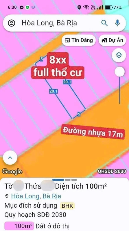 Bán đất Tăm Long Bà Rịa 100m² giá 800 triệu