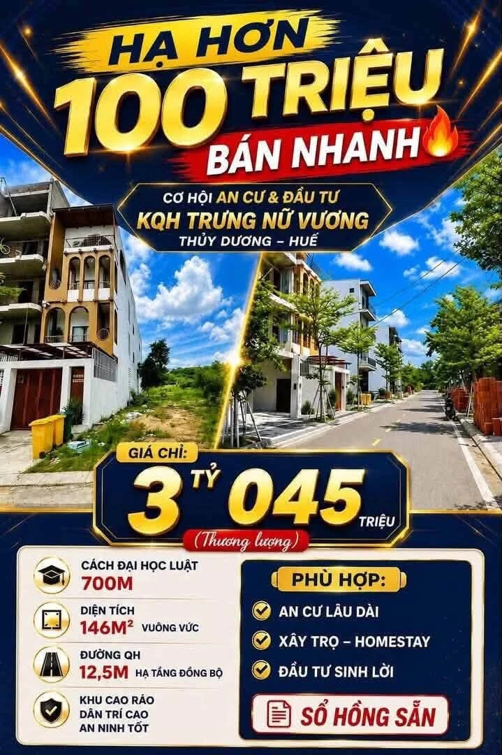 Bán đất 146m² Trưng Nữ Vương, Huế - 3 tỷ 45 triệu - Ảnh 1