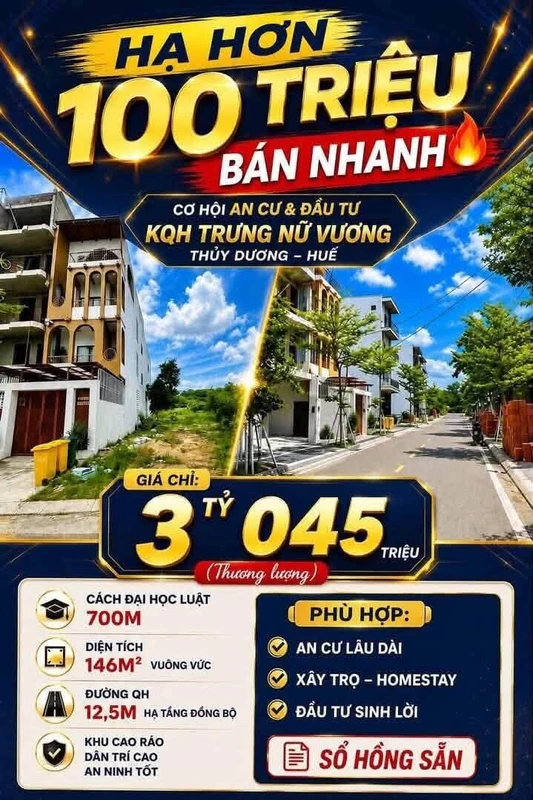 Bán đất 146m² Trưng Nữ Vương, Huế - 3 tỷ 45 triệu