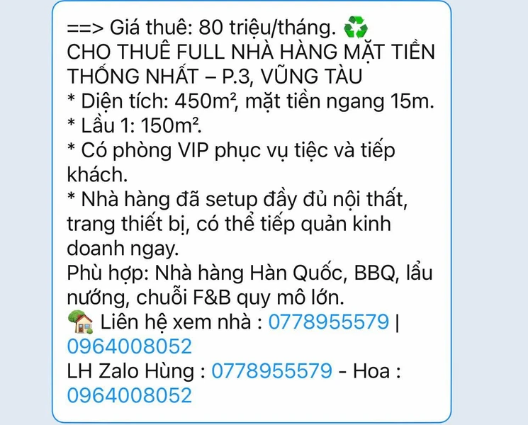 Cho thuê nhà hàng mặt tiền 450m² Phường 3, Vũng Tàu 80tr/tháng