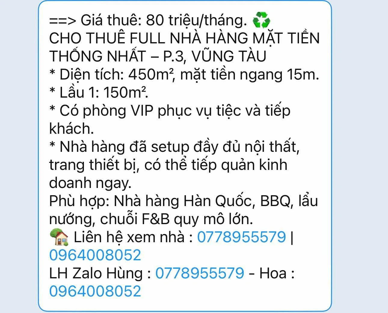 Cho thuê nhà hàng mặt tiền 450m² Phường 3, Vũng Tàu 80tr/tháng - Ảnh 1