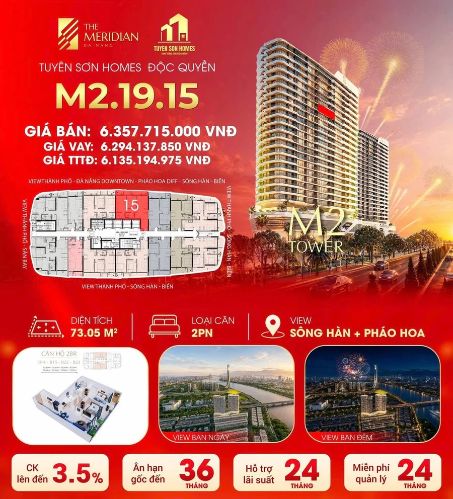 Bán căn hộ 2PN view sông Hàn The Meridian Đà Nẵng 73m² - Ảnh 1