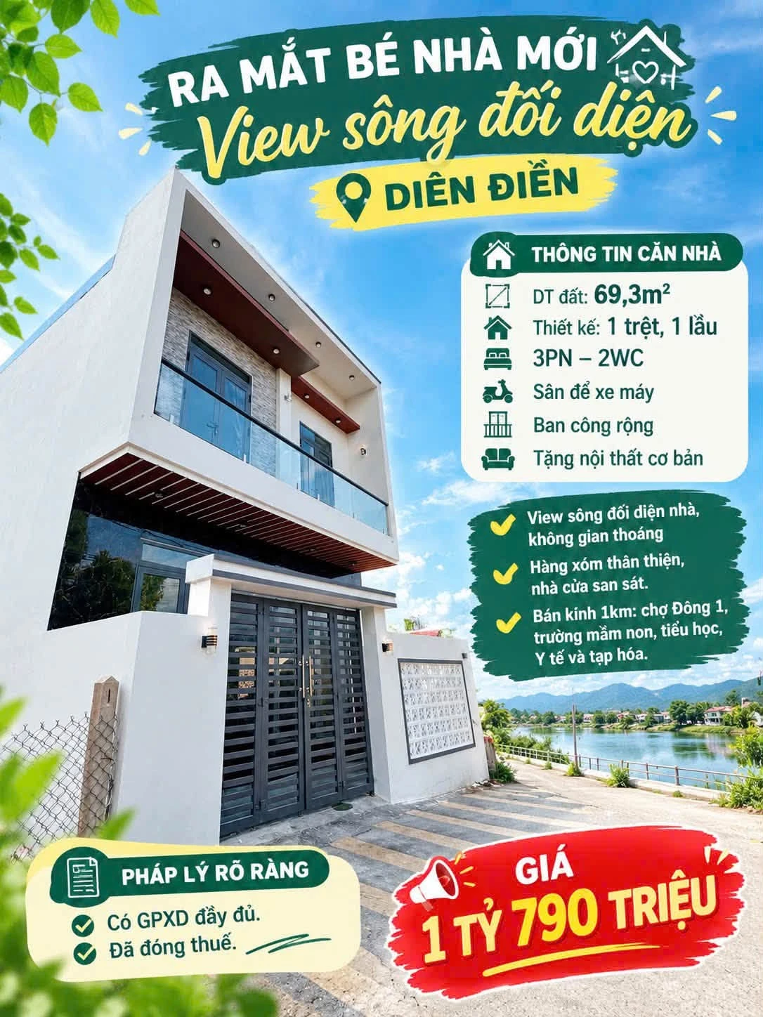 Bán nhà 3PN 2WC 69m² Diên Điền Nhà Bè 1 tỷ 790 - Ảnh 1