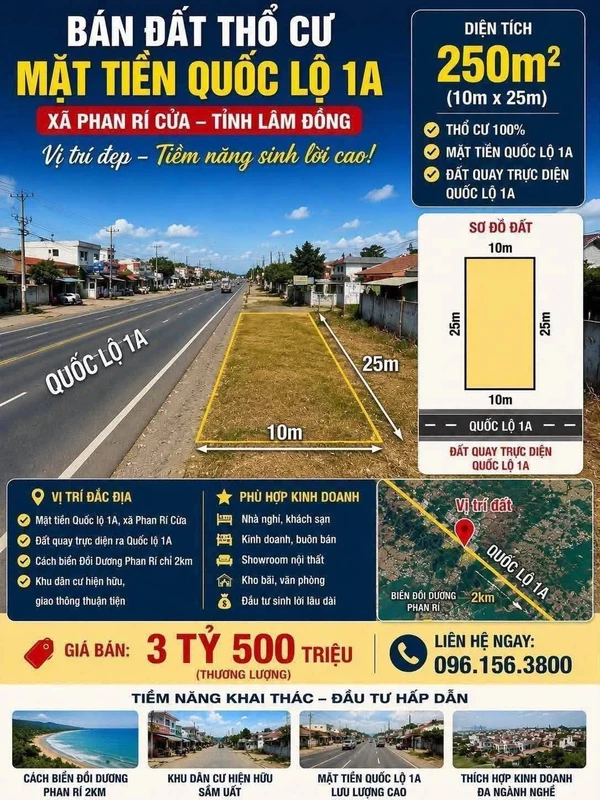 Bán đất thổ cư Quốc Lộ 1A 250m² Phan Rí Cửa