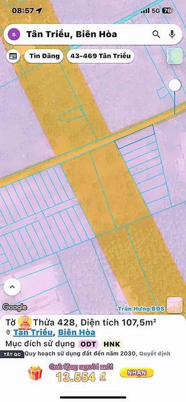 Bán đất góc 2 mặt tiền 108m² Tân Triều Đồng Nai
