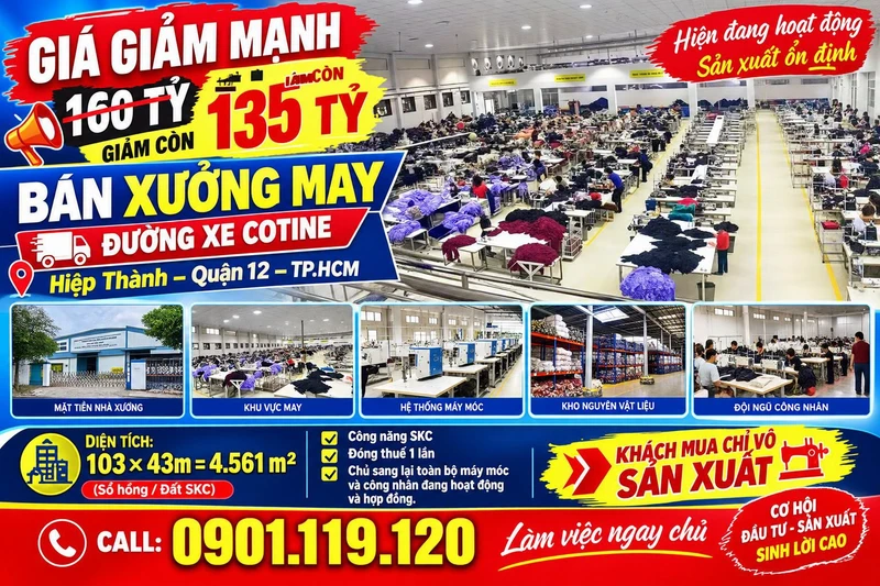 Bán xưởng may 4561m2 Hiệp Thành Quận 12, giá 135 tỷ
