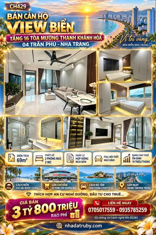 Bán căn hộ view biển Mường Thanh 69m2, 2PN, tầng 16, Trần Phú, Nha Trang