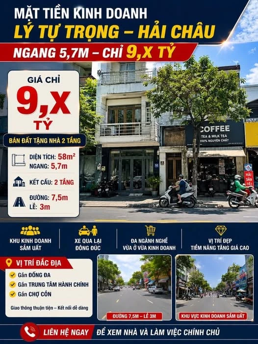 Bán nhà mặt tiền Lý Tự Trọng, Đà Nẵng, 58m², 9 tỷ