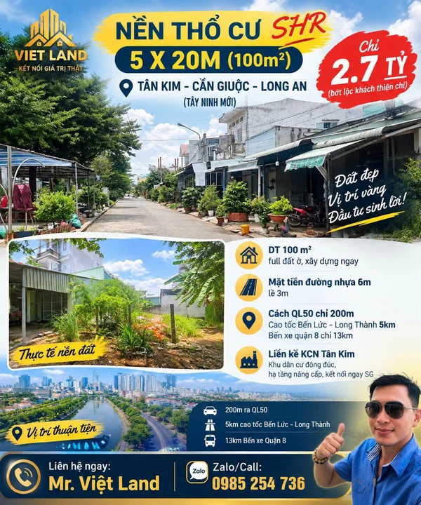 Bán nền đất SHR 100m² Tân Kim Cần Giuộc 2,7 tỷ