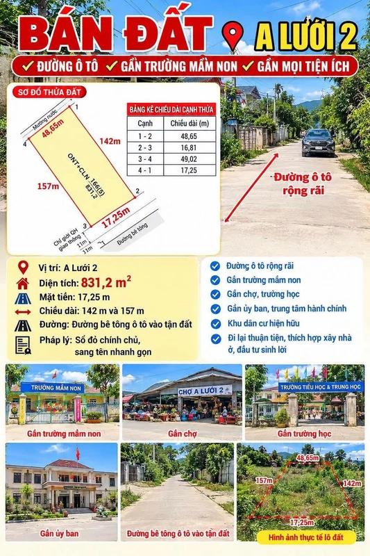 Bán lô đất 831.5m² A Lưới 2, TP Huế, giá 800 triệu