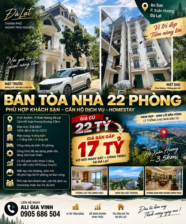 Bán tòa nhà 22 phòng 218m² Đà Lạt, giá 17 tỷ
