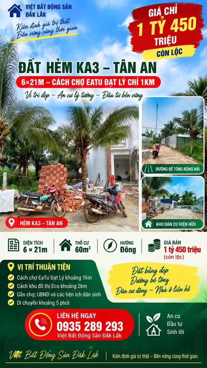 Bán đất hẻm 6x21m Tân An Đắk Lắk 126m² 1 tỷ 450 triệu - Ảnh 1