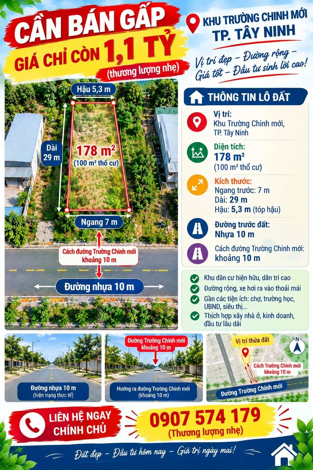 Bán đất Khu Trường Chinh Mới Tây Ninh 178 m² – 1,1 tỷ - Ảnh 1