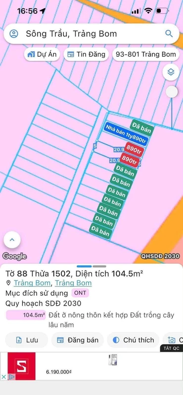 Bán đất nền 100m² Trảng Bom Đồng Nai 890 triệu