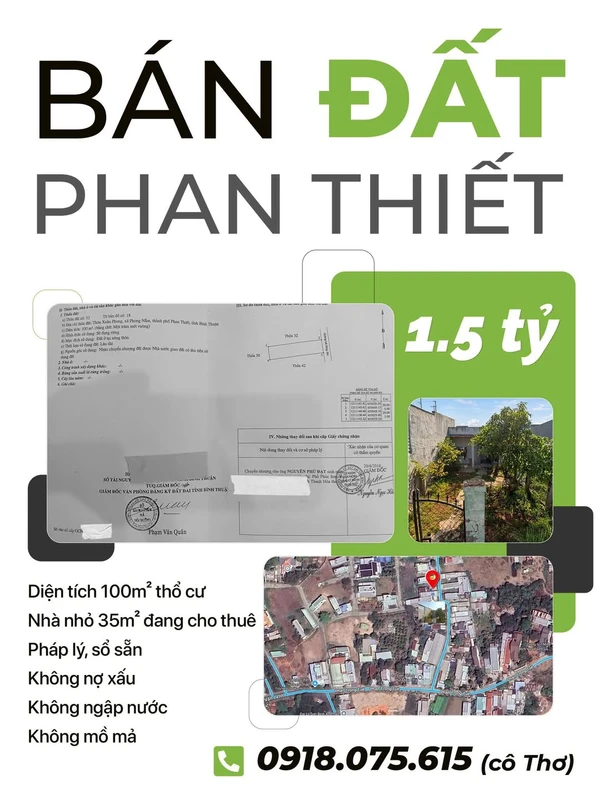 Bán đất 100m² thổ cư Phan Thiết 1,5 tỷ