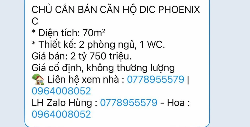 Bán căn hộ DIC Phoenix C 70m² 2PN giá 2 tỷ 750 triệu