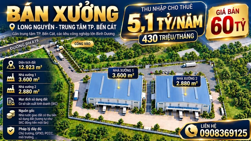 Bán nhà xưởng 12.923m² mặt tiền Bến Cát, Bình Dương
