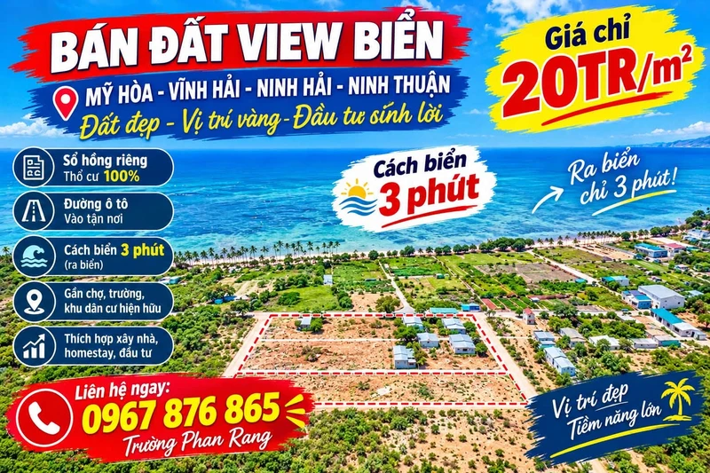 Bán đất thổ cư view biển 120m² giá 20 triệu/m² tại Mỹ Hòa, Ninh Thuận