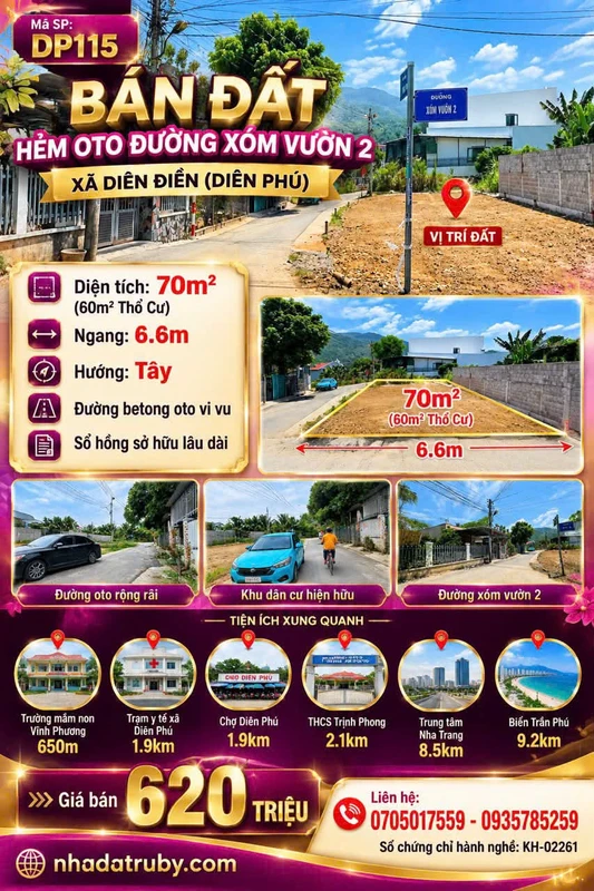Bán đất hẻm oto 70m2 Xã Diên Điền, Nha Trang