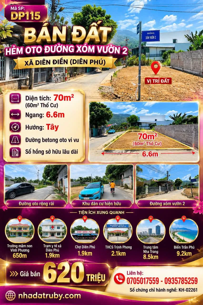 Bán đất hẻm oto 70m2 Xã Diên Điền, Nha Trang - Ảnh 1