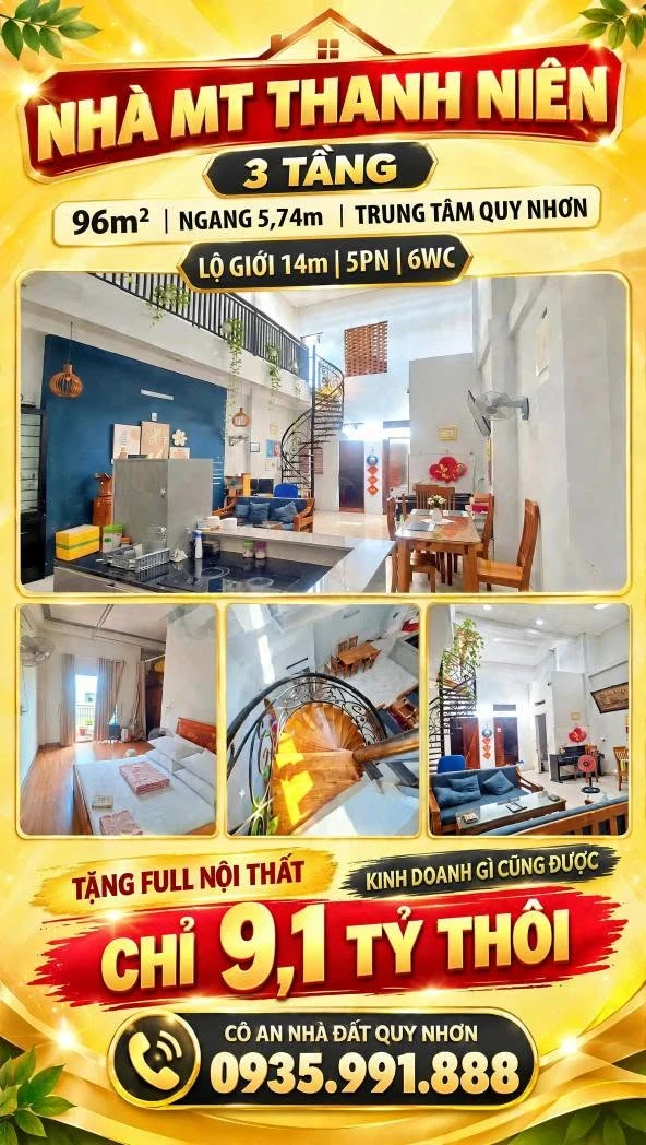 Bán nhà mặt tiền Thanh Niên, Quy Nhơn, 96m², 5PN, 9.1 tỷ - Ảnh 1