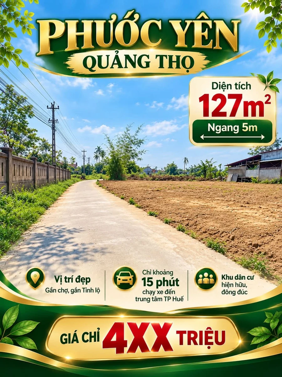 Bán lô đất 127m2 ngang 5m đường quy hoạch 7m tại Phước Yên, Quảng Thọ, Huế - Ảnh 1