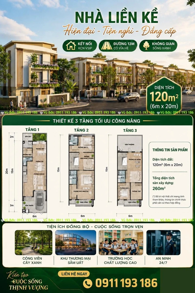Bán nhà 3 tầng liền kề 120m² VSIP Nghệ An 2 triệu/m² - Ảnh 1