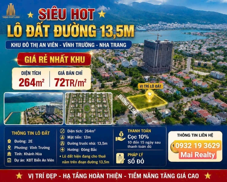 Bán đất Nha Trang 264m² mặt tiền 12m giá 72 triệu/m²