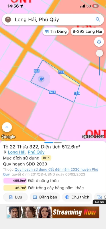 Bán đất 512.6m² Long Hải, Phú Quý, sổ hồng riêng